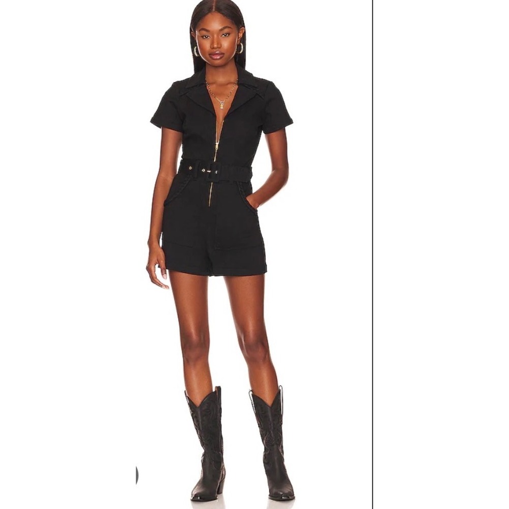 Show Me Your Mumu Outlaw Black Denim Romper Short Sleeve Large Utility Boho